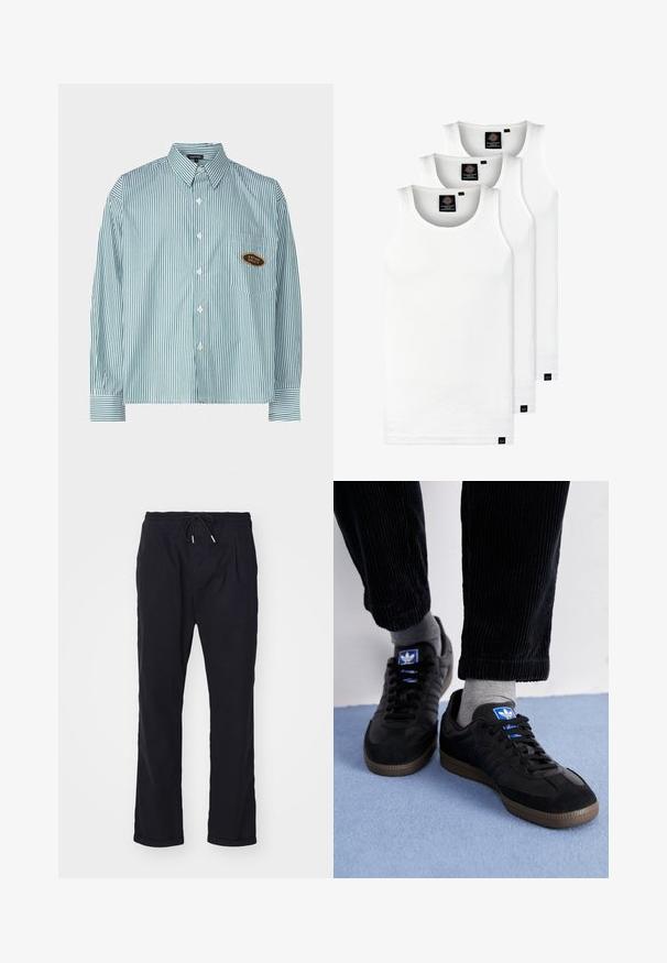 Kaotiko UNISEX - Krekls - green; Trīs baltas ribotas krūšturi, kas izgatavoti no kokvilnas. Iezīmēti ar apaļu kakla izgriezumu un maziem melniem etiķetēm tuvu apakšmalai. Pieejami vairākos izmēros.; Melni, viegli bikses ar elastīgu jostu un staipāmu auklu. Iezīmē kā ērtu piegriezumu, ar plecu detaļām un apkaklēm. Izgatavots no elpojoša materiāla.; Melni sporta apavi ar zamšas un ādas materiālu, ar zilu logo un brūnu gumijas zoli. Apvienoti ar pelēkiem zeķēm un korduroja biksēm.