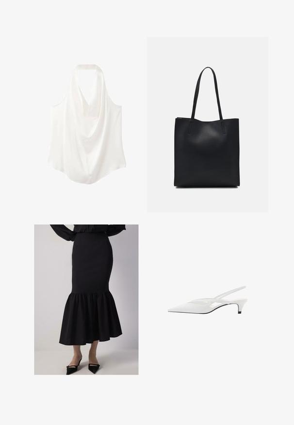 Bijela bezrukavna bluzica s naboranim izrezom, izrađena od glatkog materijala, s lepršavim dizajnom i zakrivljenim rubom.; Crna sirena suknja s prilagođenim strukom, raširenim dnom i teksturiranim materijalom. Završava odmah ispod koljena s detaljem od volana.; Bijela slingback potpetica s oštrom punta, koja ima glatki gornji dio, suptilne izreze i nisku blok potpeticu. Crna potplata naglašava dizajn.; Crna kožna torba za nošenje s glatkom teksturom, pravokutnim oblikom i dvije duge ručke. Nema vidljivih metalnih dijelova ili ukrasa.