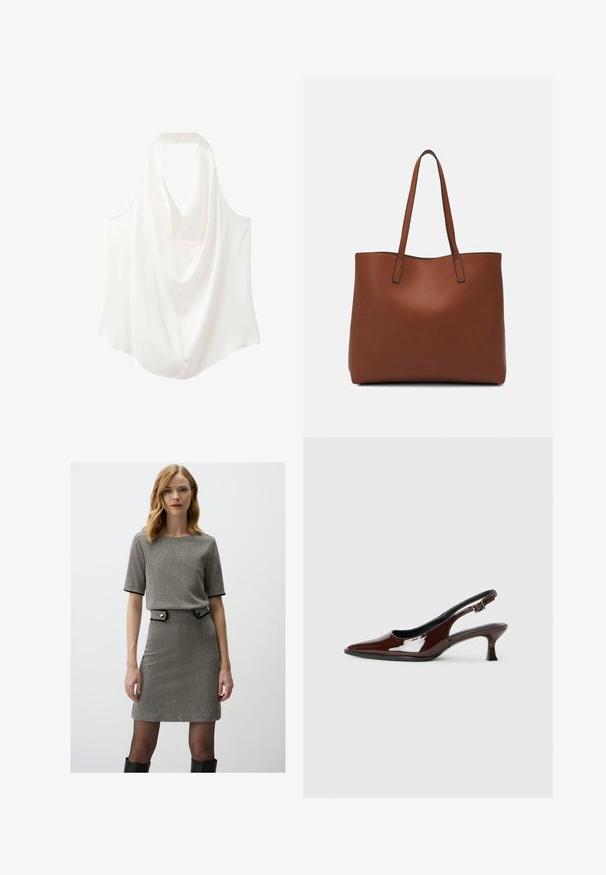 White sleeveless blouse with a draped neckline, made from smooth fabric, featuring a flowing design and curved hem.; Gray herringbone dress with short sleeves, a fitted waist and a decorative belt featuring button accents, paired with black tights and boots.; Brown patent leather slingback shoe with a pointed toe and a moderate heel. Features a buckle strap for secure fit. Smooth texture.; Brown leather tote bag with a smooth texture, open top design, and two shoulder straps. Features minimal stitching and no visible hardware.