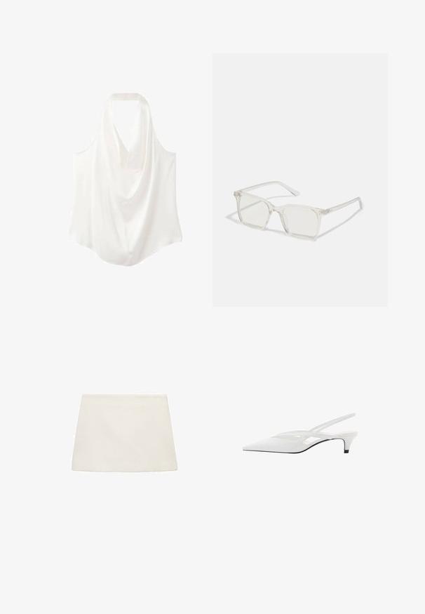 Blusa bianca senza maniche con scollo drappeggiato, realizzata in tessuto morbido, caratterizzata da un design fluido e una linea dell'orlo curva.; Mini gonna in felpa bianca con taglio dritto, texture morbida e superficie liscia. Presenta nessuna chiusura visibile o motivi.; Décolleté bianco con punta affilata, caratterizzato da una tomaia liscia, sottili aperture e un tacco a blocco basso. La suola nera esalta il design.; Occhiali da sole quadrati in plastica trasparente con lenti traslucide, caratterizzati da dettagli in oro sulle tempie.; Borsa a mano in pelle bianca con un design strutturato, presente di un clasp magnetico e una tracolla, esposta su uno sfondo neutro.