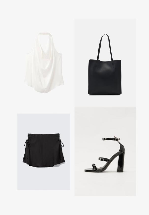 White sleeveless blouse with a draped neckline, made from smooth fabric, featuring a flowing design and curved hem.; Black skirt with a smooth texture, adjustable ties on each side, slightly flared hemline, and lightweight fabric.; Black patent high-heeled sandals with two buckle straps, square toe, and a chunky block heel, featuring a smooth, glossy texture.; Black leather tote bag with smooth texture, rectangular shape, and two long handles. No visible hardware or embellishments.