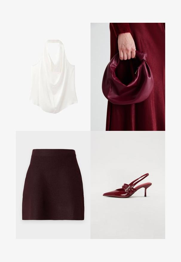 Bluză albă fără mâneci, cu decolteu căptușit, confecționată dintr-un material neted, având un design fluid și un tiv curbat.; Fustă mini burgundy cu un talie ajustată, textură netedă și o siluetă evazată. Design simplu, fără modele sau detalii hardware.; Pantofi cu toc slingback din piele roșie lacuită, cu vârf ascutit, două curele cu cataramă și un toc subțire, de înălțime medie. Textură netedă.; Geantă de mână din piele burgundă, cu un design moale și pliat și o formă rotundă. Mânerele sunt securizate, evidențiind o textură netedă.