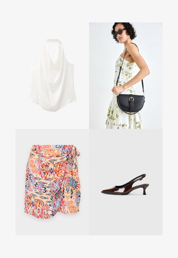 Biela bezrónková blúzka s drapovaným výstrihom, vyrobená z hladkej tkaniny, s voľným strihom a zakriveným lemom.; Pestrá, vzorovaná zavinovacia sukňa s vírivými vzormi v červenej, modrej, oranžovej a žltej farbe, so zapínaním na boku a jemnou, ľahkou tkaninou.; Hnedá lakovaná slingback obuv s špicatou špičkou a mierne vysokým opätkom. Obsahuje pracku pre bezpečné upevnenie. Hladká textúra.; Čierna kožená kabelka s zaobleným tvarom, odnímateľným popruhom a zlatými doplnkami. Kabelka má klopu s detailom s prackou.