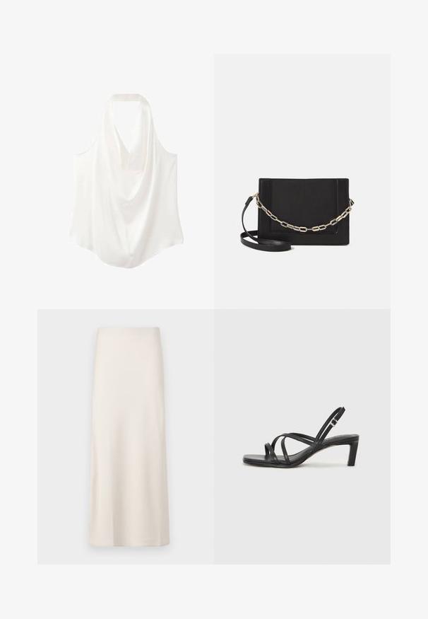 White sleeveless blouse with a draped neckline, made from smooth fabric, featuring a flowing design and curved hem.; Cream-colored, midi-length skirt with a smooth, satin-like texture and a straight fit. No visible patterns or embellishments.; Black strappy sandal with a square toe and a low block heel. Features multiple thin straps and an adjustable ankle strap. Made of smooth leather.; Black leather crossbody bag featuring a smooth texture, rectangular shape, and a metallic chain detail on the front. Adjustable strap included.