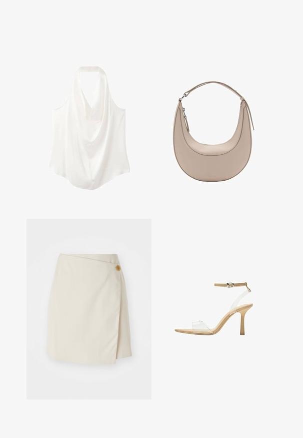 Weiße ärmellose Bluse mit einem drapierten Ausschnitt, aus glattem Stoff gefertigt, mit einem fließenden Design und abgerundetem Saum.; Beige Wickelrock mit seitlichem Knopfverschluss, aus solidem Stoff, klaren Linien und einer glatten Textur, entworfen für eine figurbetonte Silhouette.; Durchsichtige Sandale mit transparentem Obermaterial, beigem Fußbett und einem schlanken Knöchelriemen. Sie hat eine spitz zulaufende Zehenpartie und einen dünnen, hohen Absatz.; Beige Leder Schultertasche in Halbmondform, mit glatter Oberfläche und einem geschwungenen Henkel. Verfügt über einen Reißverschluss und saubere Nähte.