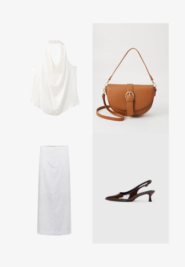 Witte mouwloze blouse met een gedrapeerde halslijn, gemaakt van een soepele stof, met een vloeiende uitstraling en een gebogen zoom.; Witte linnen midi rok met een rechte snit, voorzien van een gladde textuur, minimale naden en een tailleband voor een nauwsluitende pasvorm.; Bruine gepatineerde leren slingback-schoen met een spitse neus en een gematigd hakje. Voorzien van een gespsluiting voor een veilige pasvorm. Glad van textuur.; Bruine leren schoudertas met een gebogen vorm, gouden hardware en een gespaccent. Bevat een afneembare schouderriem.