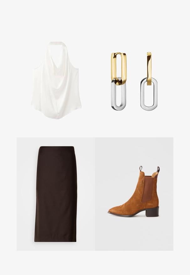 Biała bezrękawnik z dekoltem w kształcie drapowania, wykonana z gładkiego materiału, charakteryzująca się zwiewnym krojem i zaokrąglonym dołem.; Brąskowa spódnica ołówkowa, długości do kolan, wykonana z gładkiego materiału. Posiada prosty krój bez widocznych wzorów ani ozdób.; Brązowy zamszowy botek kostkowy z ostrym noskiem, elastycznymi bocznymi panelami i niskim blokowym obcasem. Posiada pętle do łatwego zakładania.; Złote i srebrne kolczyki z metalu, z przeplatającymi się prostokątnymi pętlami, o eleganckim wykończeniu i wypolerowanej fakturze.