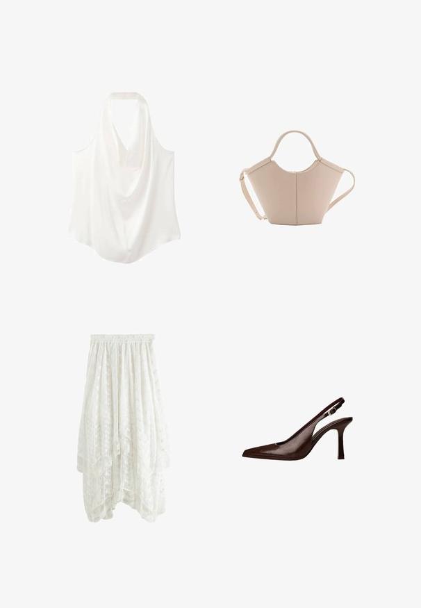 Weiße ärmellose Bluse mit einem drapierten Ausschnitt, aus glattem Stoff gefertigt, mit einem fließenden Design und abgerundetem Saum.; Weißer Spitzenrock mit Schichtendesign, elastischem Bund, floralen Mustern und gewelltem Saum. Leichtes, halbtransparentes Material.; Braune Leder-Slingback-Pumps mit spitzer Zehenform und dünnem Absatz. Sie verfügen über eine kleine Akzent-Schnalle am Riemen und eine glänzende Oberfläche.; Beige Lederhandtasche mit einer einzigartigen Form, die zwei kurze Henkel und einen langen verstellbaren Riemen aufweist. Glatte Textur mit minimalen Hardware-Elementen.