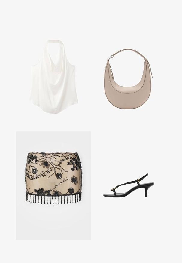 Valkoinen hihaton paita, jossa on laskostettu kaula-aukko, valmistettu sileästä kankaasta. Paidassa on virtaava muotoilu ja kaareva helma.; Musta, koristeellinen mini-hame, jossa on kukka-appliquéja, paljetteja ja helmi-fringekuvio. Valmistettu läpikuultavasta materiaalista, jossa on monimutkaisia yksityiskohtia.; Mustat nahkakengät, joissa on kissankorko, ohuet hihnat, kultainen solki ja minimalistinen varvaslenkki valkoisella taustalla.; Vaaleanbeige nahkainen olkalaukku, jossa on kuu-ukko muoto, sileä pinta ja yksi kaareva kahva. Varusteena vetoketjukiinnitys ja siisti ompelu.