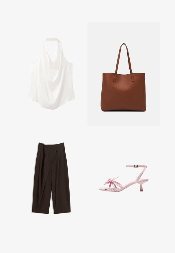 White sleeveless blouse with a draped neckline, made from smooth fabric, featuring a flowing design and curved hem.; Dark brown wide-leg trousers with a high waist, featuring a single button closure and a pleated front. Made from lightweight fabric.; Pink patent leather heeled sandals with a floral accent on the toe, featuring adjustable ankle strap and slender, short heel.; Brown leather tote bag with a smooth texture, open top design, and two shoulder straps. Features minimal stitching and no visible hardware.