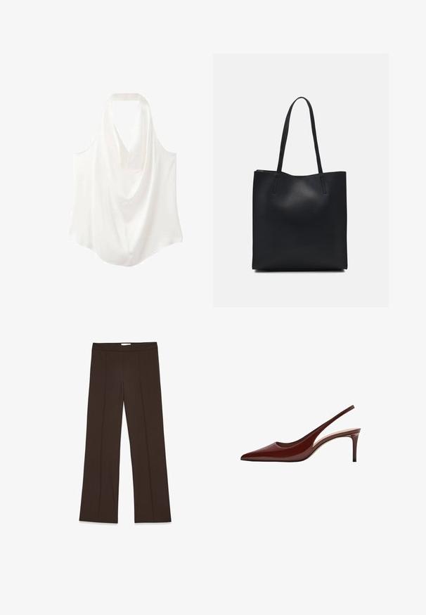 White sleeveless blouse with a draped neckline, made from smooth fabric, featuring a flowing design and curved hem.; Brown, wide-leg trousers made of smooth fabric; features front pleats and a standard waistband. Minimalist design with no visible fasteners.; Red patent leather slingback heel with a pointed toe, thin heel, and open back design. Smooth texture and minimal detailing.; Black leather tote bag with smooth texture, rectangular shape, and two long handles. No visible hardware or embellishments.