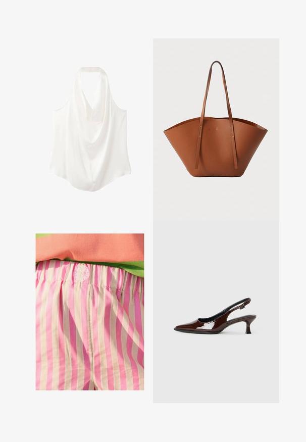 Blusa bianca senza maniche con scollo drappeggiato, realizzata in tessuto morbido, caratterizzata da un design fluido e una linea dell'orlo curva.; Shorts di tessuto a righe rosa e crema con vita elastica. Presenta un dettaglio del logo ricamato sulla vita. Texture liscia.; Scarpa slingback in pelle verniciata marrone con punta affusolata e tacco moderato. Presenta una fascia con fibbia per una calzata sicura. Tessuto liscio.; Borsa tote in pelle marrone con una forma ampia e strutturata, manici sottili e una finitura testurizzata. Presenta un design minimalista senza hardware visibile.
