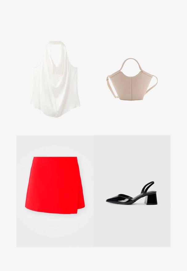 White sleeveless blouse with a draped neckline, made from smooth fabric, featuring a flowing design and curved hem.; Red mini skirt with a smooth texture, featuring an asymmetrical design and a fitted waist. No visible hardware or patterns.; Black patent leather slingback heels with a pointed toe and a geometric block heel. Features a sleek, minimal design and smooth texture.; Beige leather handbag with a unique shape, featuring two short handles and a long adjustable strap. Smooth texture with minimal hardware.