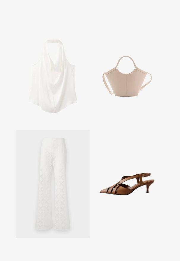 Blouse sans manches blanche avec un décolleté drapé, confectionnée en tissu lisse, présentant un design fluide et un ourlet incurvé.; Pantalons évasés blancs en tissu texturé présentant un motif en diamant. La taille est lisse, sans matériel ou accents visibles.; Escarpins slingback en cuir marron avec bout pointu, dotés de plusieurs brides croisées et d'un petit talon, fixés par une boucle latérale.; Sac à main en cuir beige avec une forme unique, doté de deux poignées courtes et d'une longue sangle réglable. Texture lisse avec un minimum de matériel.