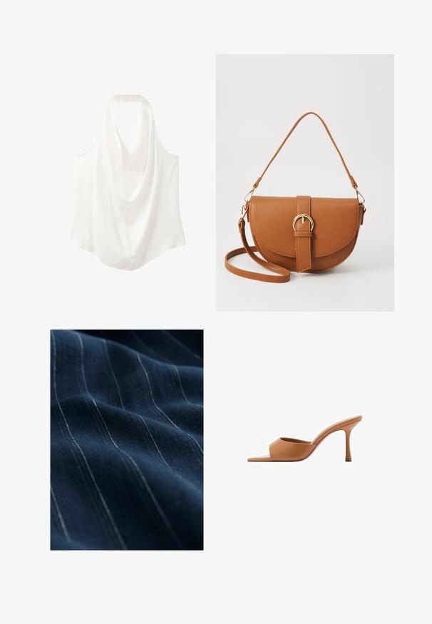 Witte mouwloze blouse met een gedrapeerde halslijn, gemaakt van een soepele stof, met een vloeiende uitstraling en een gebogen zoom.; Marine stof met fijne witte verticale strepen, die een gladde textuur en een subtiele glans vertoont, gevouwen om de val en zachtheid te benadrukken.; Mango PEPYT - Muiltjes met hak - brown; Bruine leren schoudertas met een gebogen vorm, gouden hardware en een gespaccent. Bevat een afneembare schouderriem.