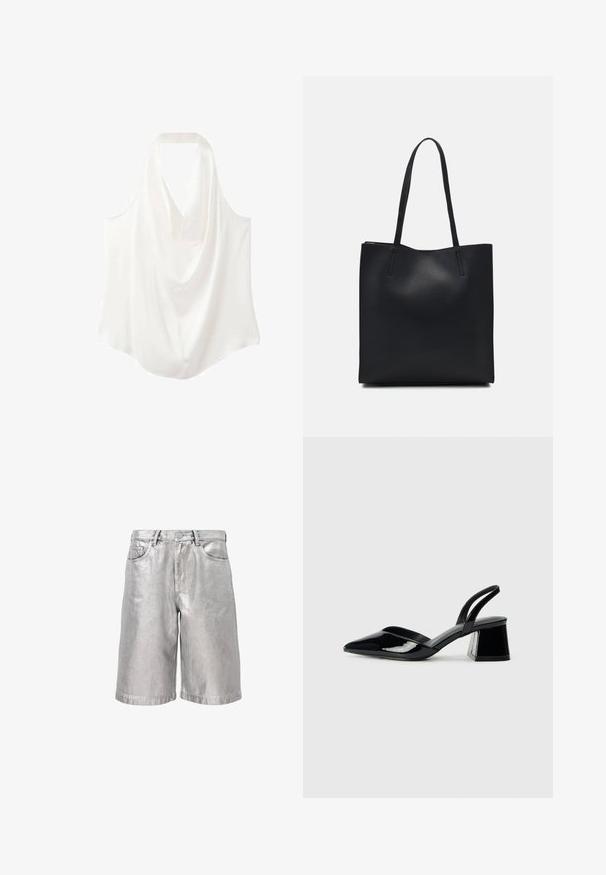 Hvid ærmeløs bluse med draperet halsudskæring, lavet af glat stof, med et flydende design og buet kant.; Metalliske sølvfarvede denimshorts med løs pasform, der har fem lommer, bælteløkker og en foldet kant. Glat tekstur med en reflekterende overflade.; Sorte patentlæder slingback hæle med spids tå og en geometrisk blok hæl. Har et elegant, minimalistisk design og en glat tekstur.; Sort læder tote taske med glat tekstur, rektangulær form og to lange hanke. Ingen synlig hardware eller udsmykninger.