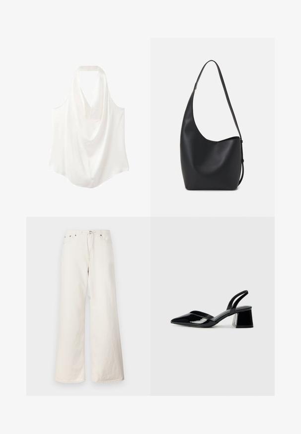 Blusa bianca senza maniche con scollo drappeggiato, realizzata in tessuto morbido, caratterizzata da un design fluido e una linea dell'orlo curva.; Pantaloni in denim bianchi a gamba larga con vita regolabile tramite cordoncino, tasche frontali e dettagli di cucitura discreti. Realizzati in robusto cotone.; Décolleté in vernice nera con punta affusolata e tacco in geometria cubica. Presentano un design elegante e minimalista, con una texture liscia.; Borsa hobo nera in pelle con una superficie liscia, forma curvata e una singola tracolla regolabile; presenta un'ampia apertura nella parte superiore.
