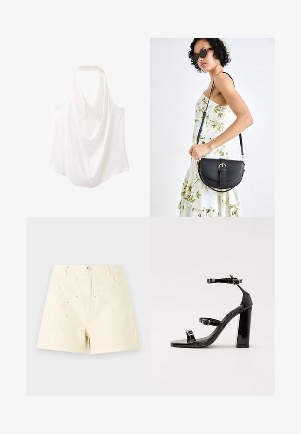 Witte mouwloze blouse met een gedrapeerde halslijn, gemaakt van een soepele stof, met een vloeiende uitstraling en een gebogen zoom.; Geel denim shorts met een hoge taille en een losse pasvorm, met kleine zilveren studs die over de voorkant zijn verspreid voor detail.; Zwarte patent lederen sandalen met hoge hakken, twee gespenbanden, een vierkante neus en een stevige blokhak, met een gladde, glanzende textuur.; Zwarte leren handtas met een gebogen vorm, afneembare schouderband en gouden hardware. De tas heeft een klep met een gespsluiting.