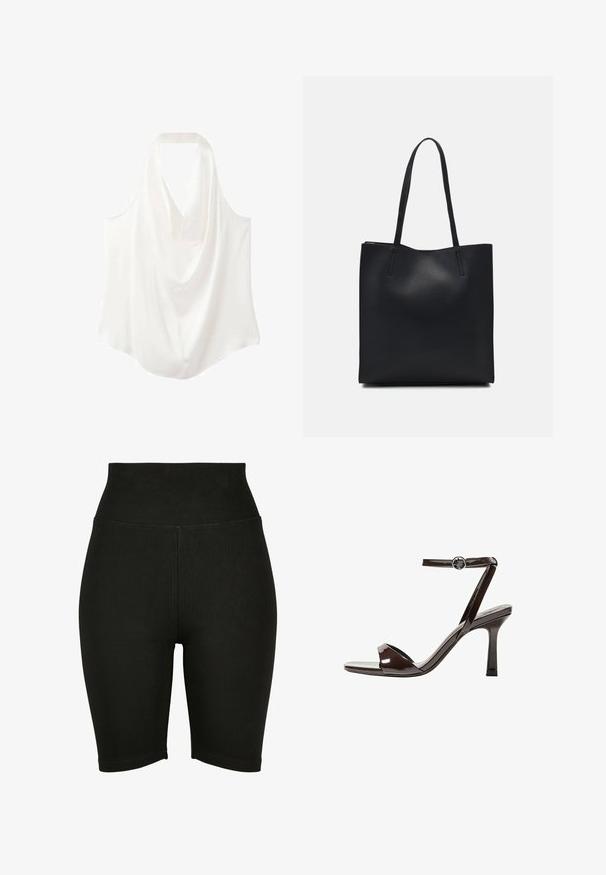Witte mouwloze blouse met een gedrapeerde halslijn, gemaakt van een soepele stof, met een vloeiende uitstraling en een gebogen zoom.; Zwarte high-waisted fietsbroekjes gemaakt van rekbaar materiaal, met een gladde textuur en gestikte zoom, ontworpen voor comfort en bewegingsvrijheid.; Bruine gepatenteerde lederen sandaal met hoge hak, enkelbandje, open teen, en een strak, minimalistisch ontwerp. Voorzien van een vierkante hak.; Zwarte leren handtas met een gladde textuur, rechthoekige vorm en twee lange handvaten. Geen zichtbare hardware of versieringen.