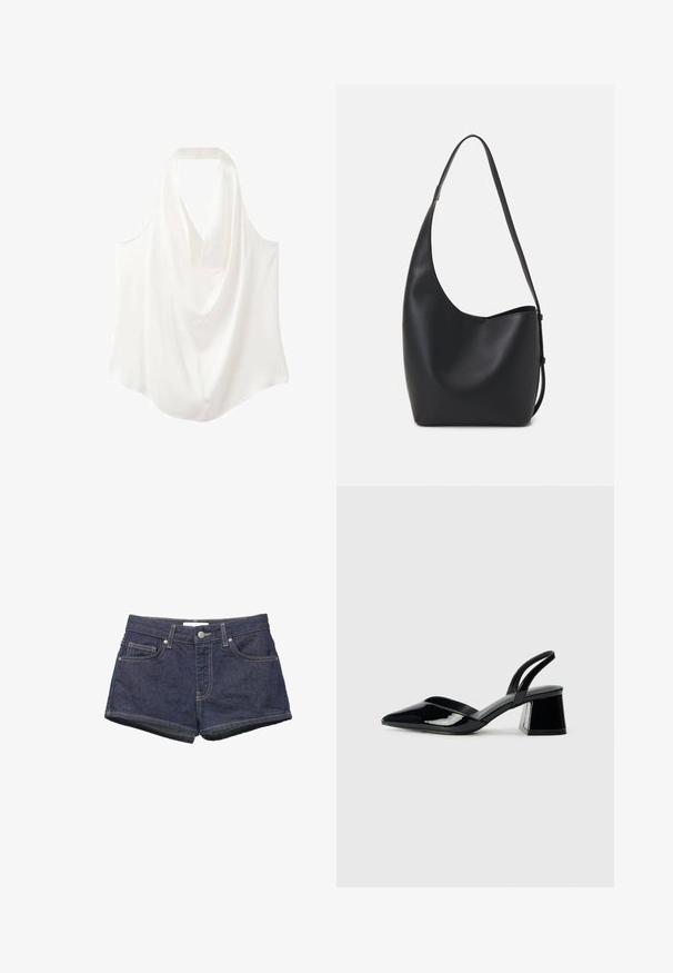 Bela brezrokavna bluzica z drapiranim ovratnikom, izdelana iz gladkega materiala, z tekočim dizajnom in ukrivljenim robom.; Temno modri jeans kratke hlače s srednjim pasom, petimi žepi in zavitimi robovi. Kontrastno šivanje poudarja šive in zaponko.; Črne lakirane slingback pete s koničastim nosom in geometrijsko blokasto peto. Imajo eleganten, minimalističen dizajn in gladko teksturo.; Črna usnjena hobo torba z gladko teksturo, ukrivljeno obliko in eno nastavljivo naramnico; ima širok odprtina na vrhu.