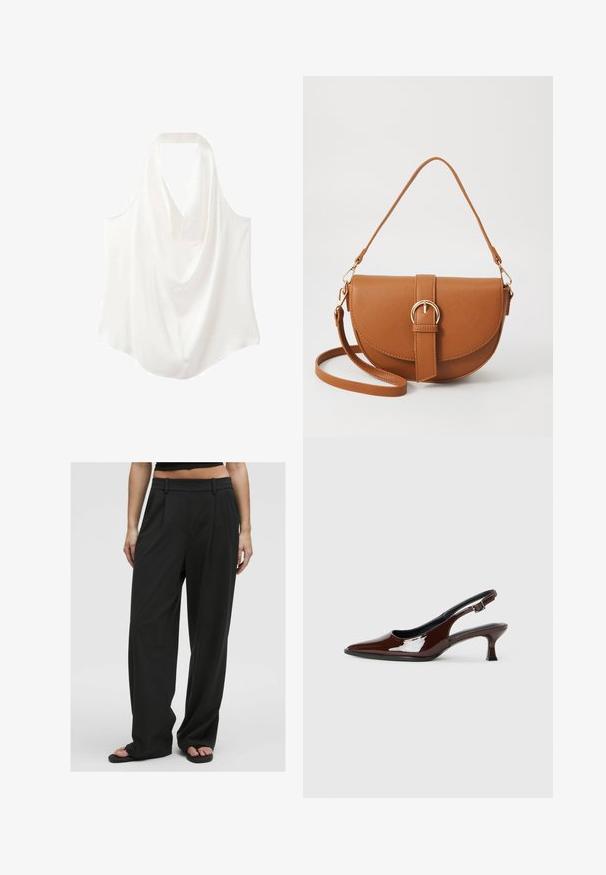 Bela brezrokavna bluzica z drapiranim ovratnikom, izdelana iz gladkega materiala, z tekočim dizajnom in ukrivljenim robom.; Črne široke hlače z gladko teksturo, visokim pasom, sprednjimi gubami in pasom za pas, s prilagojenim dizajnom in brez vidnih vzorcev.; Rjavi lakirani slingback čevelj z ostro konico in zmerno peto. Ima zaponko za varno prileganje. Gladka tekstura.; Rjava usnjena torbica prek telesa s ukrivljeno obliko, zlate opreme in sponko. Ima odstranljiv naramni trak.