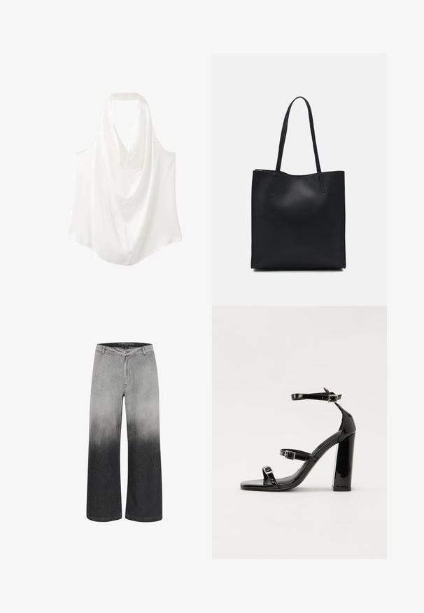 Witte mouwloze blouse met een gedrapeerde halslijn, gemaakt van een soepele stof, met een vloeiende uitstraling en een gebogen zoom.; Wijdvallende jeans in een gradiënt van grijs, overgaand van licht naar donker. Gemaakt van denim, met een knoopsluiting en een traditionele 5-pocket ontwerp.; Zwarte patent lederen sandalen met hoge hakken, twee gespenbanden, een vierkante neus en een stevige blokhak, met een gladde, glanzende textuur.; Zwarte leren handtas met een gladde textuur, rechthoekige vorm en twee lange handvaten. Geen zichtbare hardware of versieringen.