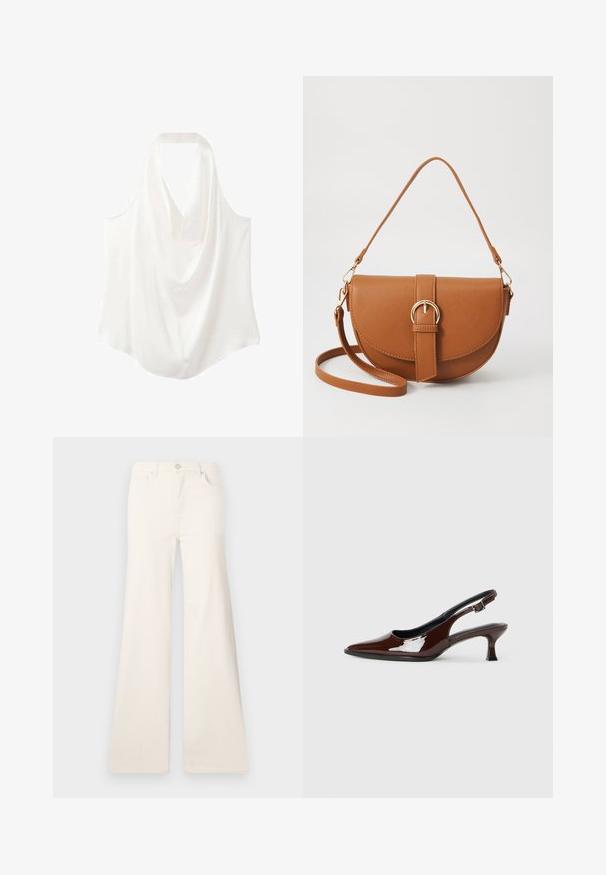 Vit ärmlös blus med draperad halsringning, tillverkad av ett mjukt tyg, med en flödande design och rundad nederkant.; ONLY ONLMADISON WIDE - Wide leg - ecru; Brun lackläder slingback-sko med spetsig tå och en måttlig klack. Utrustad med en spännband för säker passform. Slät textur.; Brun läder crossbody-väska med en böjd form, gyllene detaljer och en spänneaccent. Har en avtagbar axelrem.