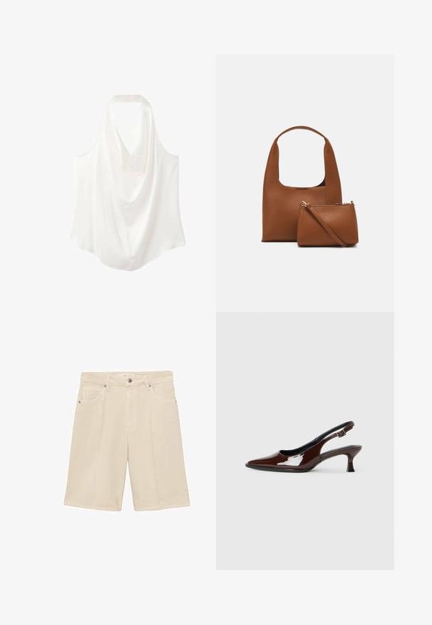 White sleeveless blouse with a draped neckline, made from smooth fabric, featuring a flowing design and curved hem.; Beige cotton shorts with a zipper and button closure. Features five pockets and subtle stitching details. Regular fit and knee-length design.; Brown patent leather slingback shoe with a pointed toe and a moderate heel. Features a buckle strap for secure fit. Smooth texture.; Brown synthetic handbag with a curved handle and a smooth texture. Includes a matching small pouch with a zipper. Minimalist design.