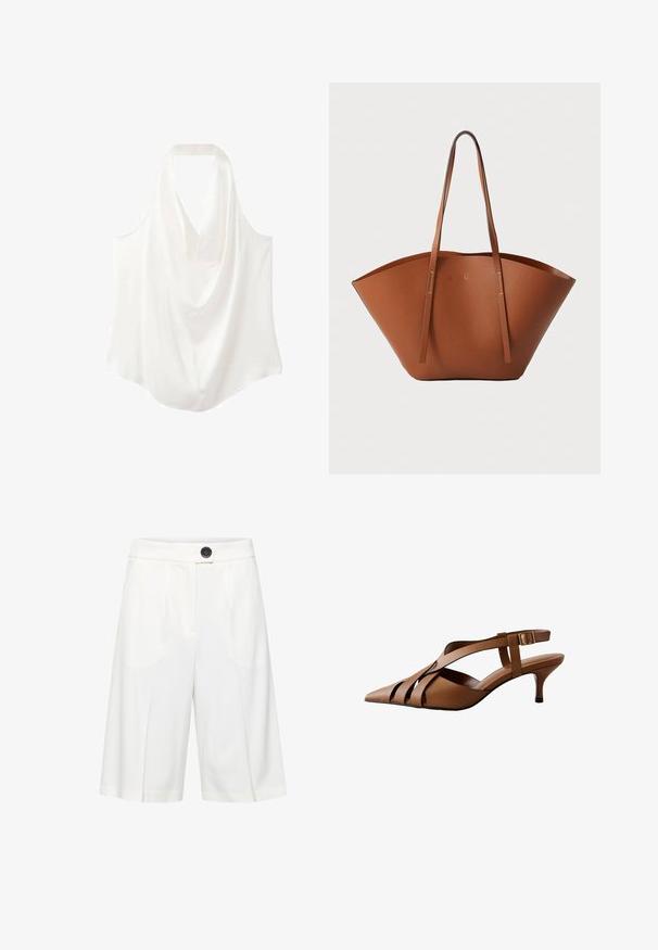 Hvid ærmeløs bluse med draperet halsudskæring, lavet af glat stof, med et flydende design og buet kant.; b.young BYRIZETTA - Shorts - off white; Brune læder slingback høje hæle med spids tå, der har flere krydsende stropper og en lille hæl, sikret med en sidestrop.; Brun læder tote-taske med en bred, struktureret form, tynde håndtag og en tekstureret overflade. Har et minimalistisk design uden synligt hardware.