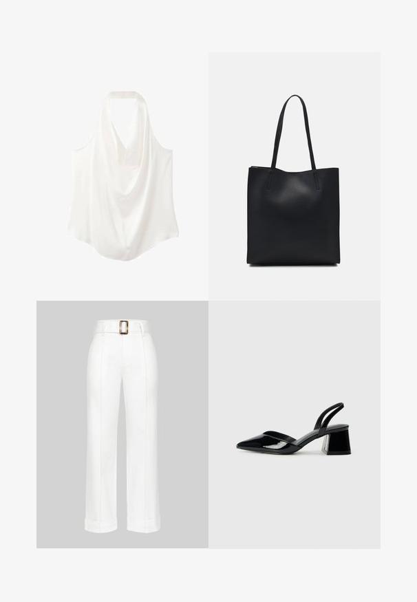 Bela brezrokavna bluzica z drapiranim ovratnikom, izdelana iz gladkega materiala, z tekočim dizajnom in ukrivljenim robom.; Bele hlače širokega kroja z pasom na pasu, z izšitimi detajli in zavihanimi hlačnicami, narejene iz gladkega materiala.; Črne lakirane slingback pete s koničastim nosom in geometrijsko blokasto peto. Imajo eleganten, minimalističen dizajn in gladko teksturo.; Črna usnjena torba s svilnato teksturo, pravokotne oblike in dvema dolgima ročajema. Brez vidnih metalnih delov ali okrasnih elementov.