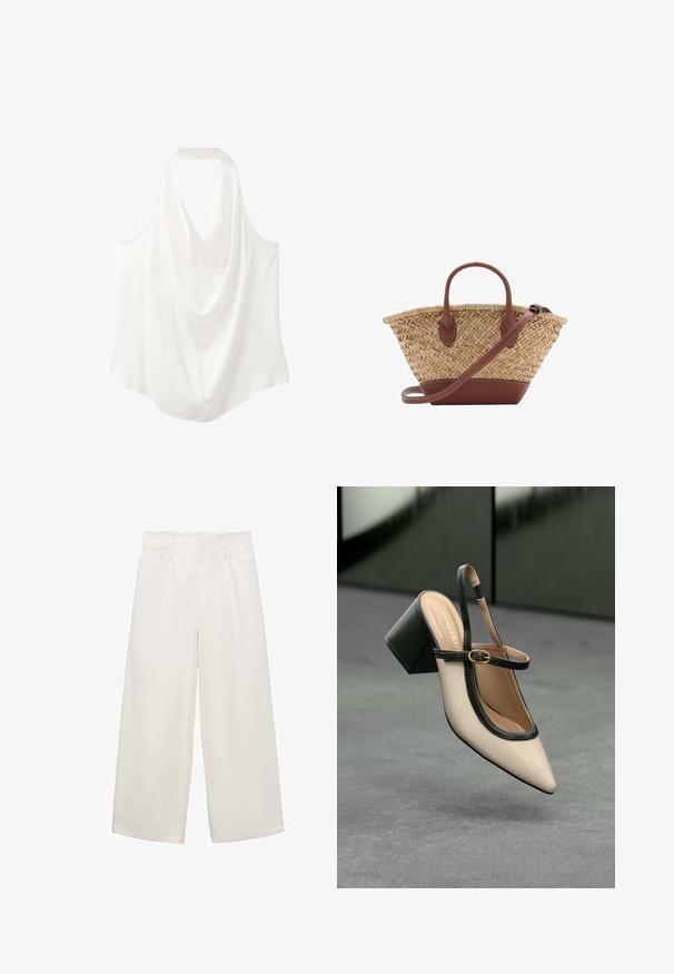 Vit ärmlös blus med draperad halsringning, tillverkad av ett mjukt tyg, med en flödande design och rundad nederkant.; Vida byxor i off-white denim. Har fyra fickor, bälteshällor och hög midja. Slät textur med en ren finish.; Beige slingback-sko med hög klack, spetsig tå, svart kant och spänndetalj. Slätt material med matt finish, medelhög klossklack.; Vävd halmstruktur med bruna läderdetaljer, två handtag och en avtagbar rem. Böjd form med en stabil botten.