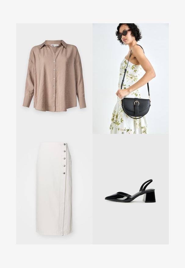 Gaiši brūns, lielgabarīta pogājams krekls ar klasisku apkakli, garām piedurknēm un nedaudz teksturētu satīna audumu.; Balta džinsa midi svārki ar sānu pogu aizdari, pieci metāla pogas un taisna silueta. Gluda tekstūra, ikdienišķs dizains.; Melna lakota āda ar atvērto papēdi, ar smailu purngalu un ģeometrisku blokpapēdi. Iezīmējas elegants, minimāls dizains un gluda tekstūra.; Melnas ādas rokassoma ar izliekta formu, noņemamu siksnu un zelta aksesuāriem. Somai ir vāciņš ar sprādzes detaļu.