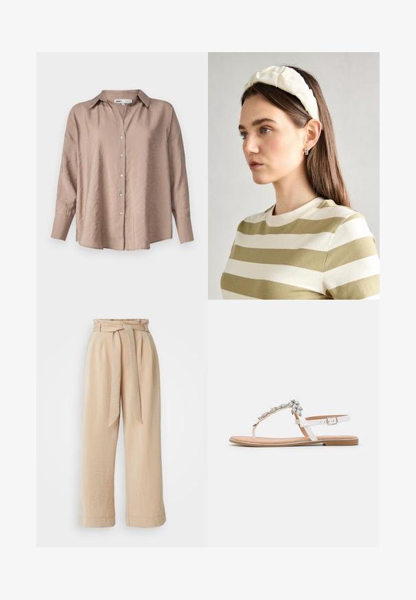 Chemise boutonnée oversize marron clair, avec un col classique, des manches longues et un tissu satin légèrement texturé.; Pantalons beige à jambe large avec une taille ceinturée, fabriqués en tissu texturé. Présente un pli avant et une finition lisse le long de l'ourlet.; Sandales plates blanches avec un design en T, ornées de pierres claires. La semelle est brun clair avec un profil fin et plat. Bride de cheville ajustable.; Un bandeau en créme rembourré avec un design torsadé, associé à une chemise rayée beige et blanche à col rond. Accent de bijoux discrets.; Un bandeau en créme rembourré avec un design torsadé, associé à une chemise rayée beige et blanche à col rond. Accent de bijoux discrets.