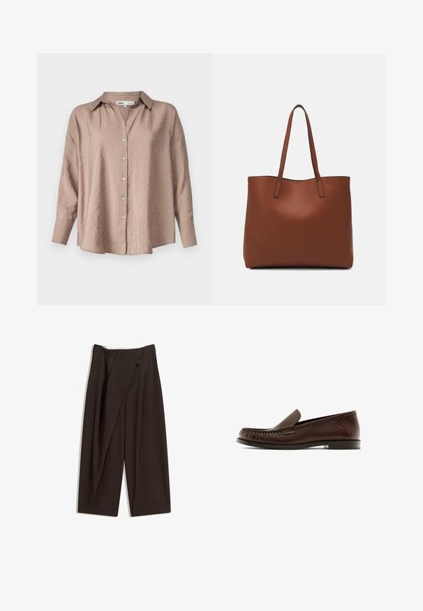 Hellbraunes, übergroßes Hemd mit Knöpfen, das einen klassischen Kragen, lange Ärmel und einen leicht strukturierten Satinstoff aufweist.; Dunkelbraune, weite Hosen mit hohem Bund, die über einen einzigen Knopfverschluss und eine gefaltete Vorderseite verfügen. Hergestellt aus leichtem Stoff.; Braune Lederloafers mit runder Zehenform und elastischen Einsätzen. Der Schuh verfügt über dekorative Nähte und einen flachen, minimalistischen Absatz.; Braune Leder-Tote mit glatter Textur, offenem Oberteil und zwei Schulterriemen. Verfügt über minimale Nähte und keine sichtbaren Beschläge.