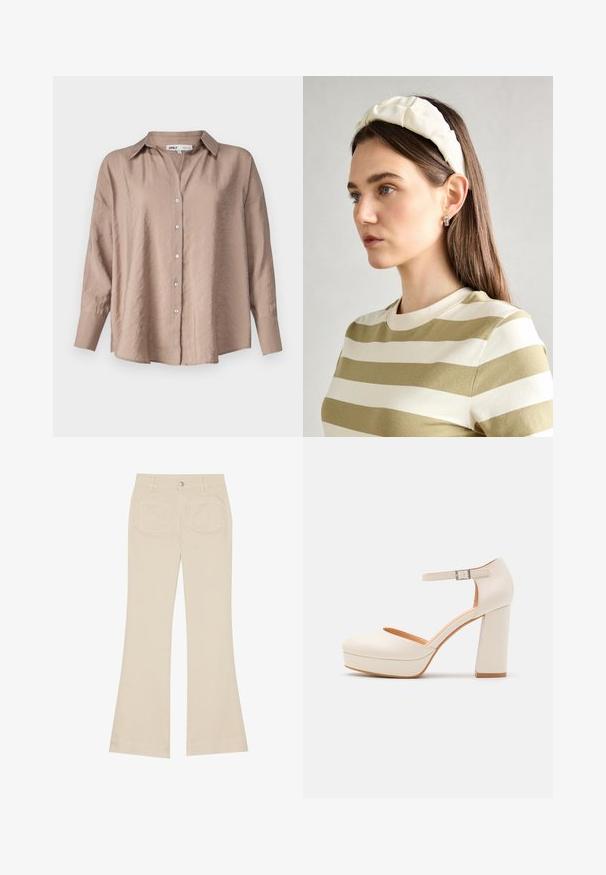 Světle hnědá oversized košile na knoflíky, s klasickým límcem, dlouhými rukávy a mírně strukturovanou saténovou látkou.; Béžové zvonové kalhoty s vysokým pasem, vyrobené z bavlněné tkaniny. Obsahují přední a zadní kapsy, poutka na opasek a jeden stříbrný knoflík.; Krémové platformové podpatky s kulatou špičkou a nastavitelným páskem kolem kotníku. Mají silný blokový podpatek s jemným dřevěným akcentem.; Krémová polstrovaná čelenka s twist designem, doplněná béžovým a bílým pruhovaným tričkem s kulatým výstřihem. Jemné šperky.