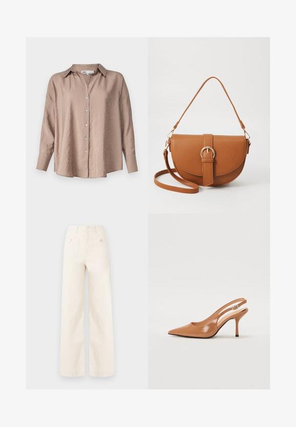 Lys brun oversized skjorte med knapper, der har en klassisk krave, lange ærmer og en let struktureret satin kvalitet.; Bredde bukser i elfenbenfarvet bomuld. Har høj talje, to baglommer med metalknapper og en ren, glat tekstur.; Spids tå slingback hæl i et glat, blankt tan materiale. Har et buet udskæring design og en slank stiletto hæl. Sølv spænde detalje.; Brun læder crossbody taske med en buet form, guldfarvet hardware og en spændeaccent. Har en aftagelig skulderrem.