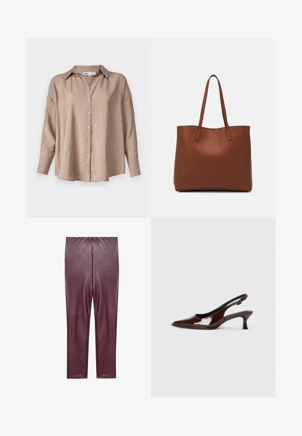 Svetlohnedá voľná košeľa na gombíky, s klasickým golierom, dlhými rukávmi a mierne textúrovanou saténovou tkaninou.; Burgundské legíny z faux kože s hladkou textúrou, vysokým pásom a priliehajúcim strihom, ktoré siahajú po členky bez ďalších detailov.; Hnedá lakovaná slingback obuv s špicatou špičkou a mierne vysokým opätkom. Obsahuje pracku pre bezpečné upevnenie. Hladká textúra.; Hnedá kožená taška na rameno s hladkou textúrou, otvoreným vrchom a dvoma ramenými popruhmi. Má minimálne šitia a žiadne viditeľné kovania.