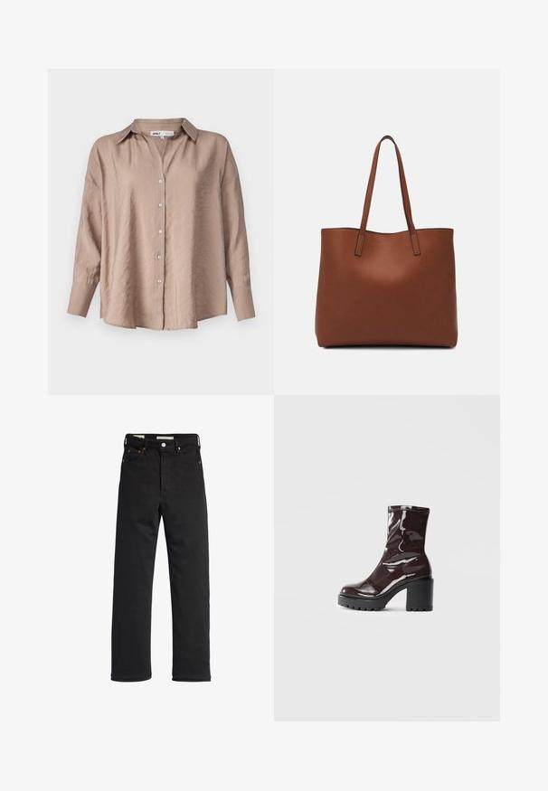 Ανοιχτό καφέ oversized πουκάμισο με κουμπιά, διαθέτει κλασικό γιακά, μακριά μανίκια και ελαφρώς υφασμένη σατέν ύφανση.; Μαύρα τζιν παντελόνια με ίσια γραμμή, διαθέτοντας ψηλή μέση, σχέδιο πέντε τσεπών, μεταλλικό κούμπωμα και ελάχιστες ραφές.; Γυαλιστερό μποτάκι σε μπορντώ απόχρωση μέχρι τον αστράγαλο με χοντρό μαύρο τακούνι, χαρακτηρισμένο από λεία υφή και απλό σχέδιο. Χωρίς ορατούς κλειδώματος ή μοτίβα.; Καφέ δερμάτινη τσάντα tote με λεία υφή, ανοιχτό σχέδιο και δύο λουριά ώμου. Διαθέτει ελάχιστη ραφή και χωρίς ορατά μεταλλικά εξαρτήματα.