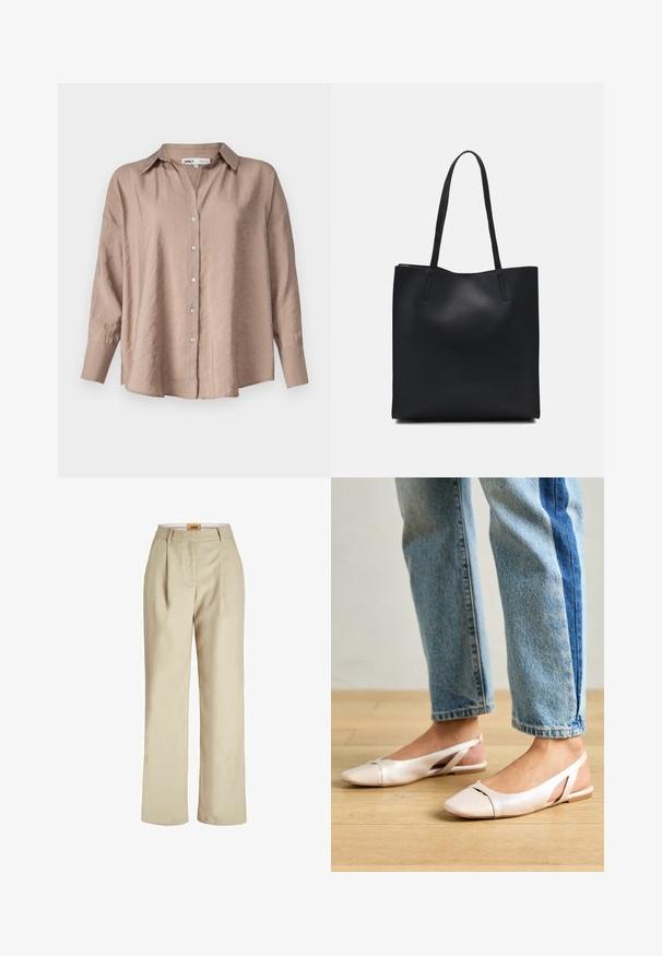 Light brown oversized button-up shirt, featuring a classic collar, long sleeves, and a slightly textured satin fabric.; Beige, wide-leg trousers made of lightweight fabric. Features front pleats, a smooth waistband, and a label inside the waistband.; Pale pink slingback flats with a pointed toe, made from a smooth leather-like material. Features cut-out details at the sides and a flat heel.; Black leather tote bag with smooth texture, rectangular shape, and two long handles. No visible hardware or embellishments.