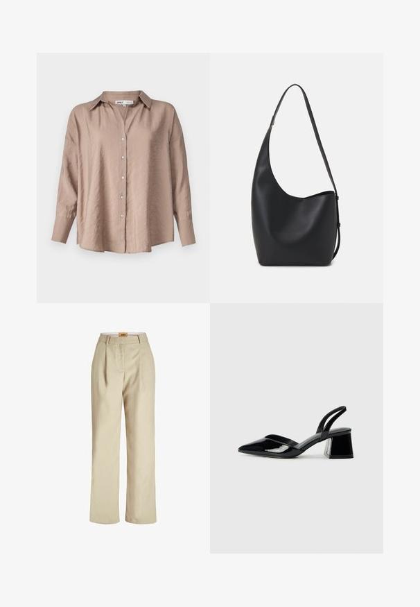 Lichtbruine oversized button-up shirt, met een klassieke kraag, lange mouwen en een licht getextureerde satijnen stof.; Beige, wijde broek gemaakt van lichtgewicht stof. Heeft voorplooien, een gladde tailleband en een label binnenin de tailleband.; Zwarte gepatineerde leren slingback hakken met een spitse neus en een geometrische blokhak. Kenmerkt zich door een slank, minimalistisch ontwerp en een gladde textuur.; Zwarte leren hobo tas met een gladde textuur, kromme vorm en een enkele verstelbare schouderband; heeft een brede opening aan de bovenkant.