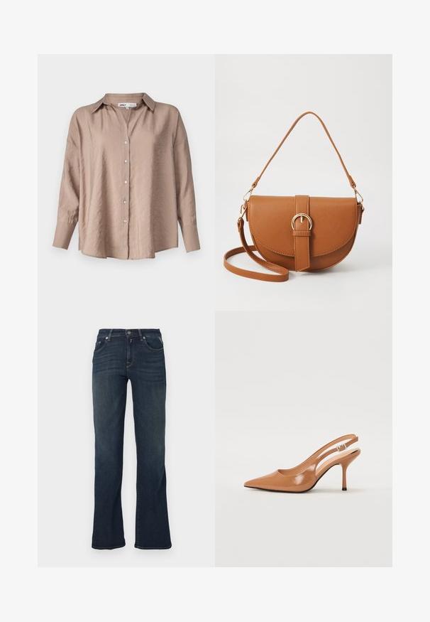 Lichtbruine oversized button-up shirt, met een klassieke kraag, lange mouwen en een licht getextureerde satijnen stof.; Donkerblauwe denim jeans met een uitlopende pijpdesign, voorzien van vijf zakken en contrasterende stiksels. Glad textuur en standaard tailleband.; Puntige slingback hak in een glad, glanzend beige materiaal. Bevat een gebogen uitsnijdontwerp en een slanke stiletto hak. Zilveren gesp detail.; Bruine leren schoudertas met een gebogen vorm, gouden hardware en een gespaccent. Bevat een afneembare schouderriem.