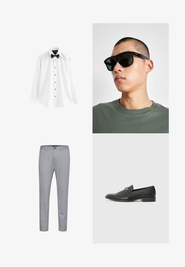 Biała koszula wykonana z bawełny, z długimi rękawami, czarną muszką i czarnymi guzikami z przodu.; Szare spodnie w wzory wykonane z tkaniny o gładkiej teksturze. Zawierają zapięcie na guzik oraz zwężany krój nogawki.; Czarne skórzane mokasyny o gładkim wykończeniu, z haftowanym wzorem i dekoracyjnym akcentem z metalowego łańcucha na wierzchu. Płaska pięta.; Czarne prostokątne okulary przeciwsłoneczne z ciemnymi szkłami, o charakterystycznym kształcie i logo na zauszniku. Noszone przez osobę w zielonej koszuli.; Pier One - Zegarek; Biała perłowa naszyjnik o jednolitym, okrągłym kształcie, gładkiej powierzchni oraz metalowym zapięciu z przedłużanym łańcuszkiem dla regulowanej długości.