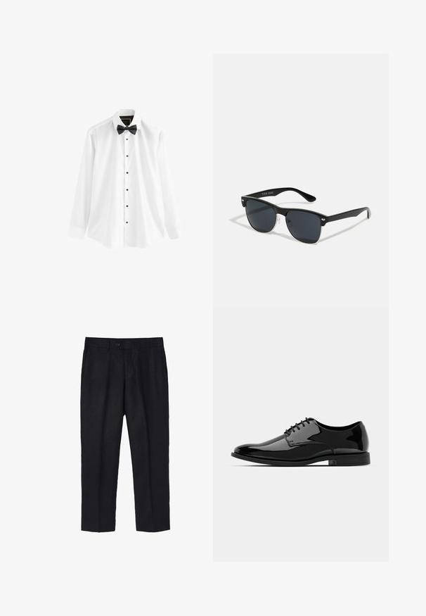 Balta medvilninė marškinėliai su ilgomis rankovėmis, juoda kaklaraištis-varlyte ir juodais mygtukais per visą priekį.; Juodi lininiai kelnių su pritaikytu siluetu, turintys vieną priekinį mygtuką, klostes ir tiesias kojas. Sklandus paviršius su lengvu apdailos efektu.; Juodas lakinės odos suknelės bateliai su apvaliu priekiu, su raišteliais ir lygiu, blizgiu paviršiumi. Turi žemą guminį padas.; Juodos saulės akinių su stačiakampiu rėmeliu, tamsiais lęšiais, sidabrinėmis detalėmis šventrajose ir matinio paviršiaus rėmeliu.