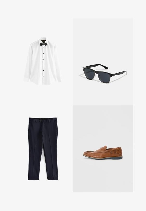 Balta medvilninė marškinėliai su ilgomis rankovėmis, juoda kaklaraištis-varlyte ir juodais mygtukais per visą priekį.; Next SLIM FIT ESSENTIAL - Kostiuminės kelnės - navy; Rudoni odiniai loaf'eriai su apvalia nosimi, siuvinėtomis detalėmis ir žema guminėmis pakulne. Dizainas turi juostą per viršutinę dalį.; Juodos saulės akinių su stačiakampiu rėmeliu, tamsiais lęšiais, sidabrinėmis detalėmis šventrajose ir matinio paviršiaus rėmeliu.