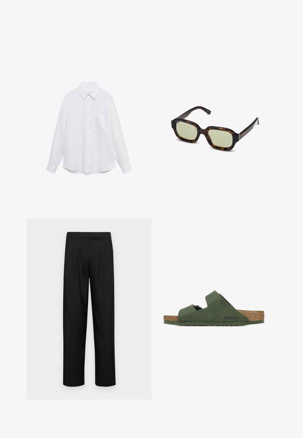 Valkoinen pitkähihaispaita, joka on valmistettu kevyestä kankaasta ja jossa on napitus etuosassa, kaulus ja yksi rintatasku. Suuri tekstuuri.; Mustat housut, jotka on valmistettu sileästä kankaasta, suoran lahkeen muotoilulla, kahdella etupleekillä ja tavanomaisella vyötäröllä, jossa on vyölenkit.; Vihreät Birkenstock-sandaalit, joissa on kaksi leikattua hihnaa, korkkipohja ja teksturoitu ulkopinta. Pohja on tasainen ja siinä on liukastumisen estävä muotoilu.; Silmälasit, joissa on tortoise-kuvio ja vihreät objektiivit, suorakulmainen muoto, leveät kehykset ja sileä pinta. Korostukset ohimoilla.; Kangasolku off-white värviga, millel on lühikesed käepidemed ja prinditud tekst "LES DEUX" mustade paksude tähtedega. Vastupidav, lihtne disain.