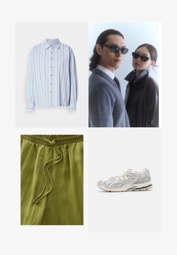 Light blue button-up shirt with vertical red stripes, a classic collar, and long sleeves with cuffs. Features gold buttons down the front.; Olive green pants made from lightweight fabric. Features an elastic waistband and drawstring. Smooth texture with soft draping.; Running shoe features a silver and white mesh upper with a green accent. The sole is chunky and textured, designed for cushioning and support.; Sunglasses with angular black frames on model with a gray sweater, showcasing textured knit and a black leather jacket worn by another model.; Multi-strand necklace featuring creamy white pearls of varying sizes, secured with a simple silver-tone clasp and accents.