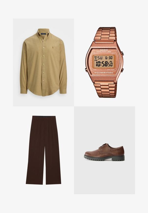 Camicia button-down a maniche lunghe di colore marrone chiaro, con colletto, realizzata in un tessuto texture. Presenta un piccolo logo sul petto.; YOURTURN UNISEX 3 PACK BASIC OVERSIZED T-SHIRT - T-shirt basic - dark brown/off-white/dark grey; Pantaloni larghi marroni con pieghe. Realizzati in un tessuto liscio, presentano una vita sagomata e tasche laterali. Orlo piatto in fondo.; Scarpa oxford in pelle marrone con una texture liscia, punta arrotondata e suola in gomma nera con un motivo di battistrada. Lacci attaccati nella parte frontale.; Orologio digitale Casio con cinturino in metallo rosa dorato, cassa rettangolare, display illuminato e resistenza all'acqua, che mostra l'ora e la data.