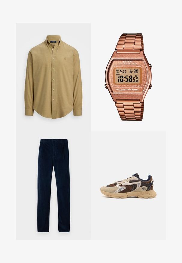 Heled pruun, pika varrukaga nööpidega särk, millel on krae, valmistatud tekstuuriga kangast. Rindmisel on väike logo.; YOURTURN UNISEX 3 PACK BASIC OVERSIZED T-SHIRT - Lihtne T-särk - dark brown/off-white/dark grey; Tumedate nõelrinnad püksid eesmine voldik, vöökohastrapid, küljetaskud ja nööp ning lukuga kinnitamine, esitatud lamades valgel taustal.; Beige ja pruun tenniset, millel on tekstuuriga võrgupaneelid, sametised aktsendid ja kummist tald. Omab nöörimise disaini ja bränditud detaile.; Digi Casio kell, roosakullast metallist rihmaga, ristkülikukujuline korpus, valgustatud kuva ja veekindel, näitab kellaaega ja kuupäeva.