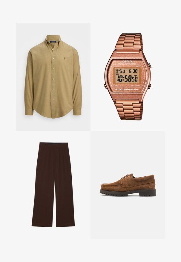 Light brown, long-sleeved button-down shirt with a collared neckline, made of a textured fabric. Features a small logo on the chest.; Brown wide-leg trousers with pleats. Made of a smooth fabric, featuring a tailored waistband and side pockets. Flat hem at the bottom.; Samsøe Samsøe SAKARL - Casual lace-ups - dark cognac; Digital Casio watch with a rose gold metal band, rectangular case, illuminated display, and water resistance, showing time and date.