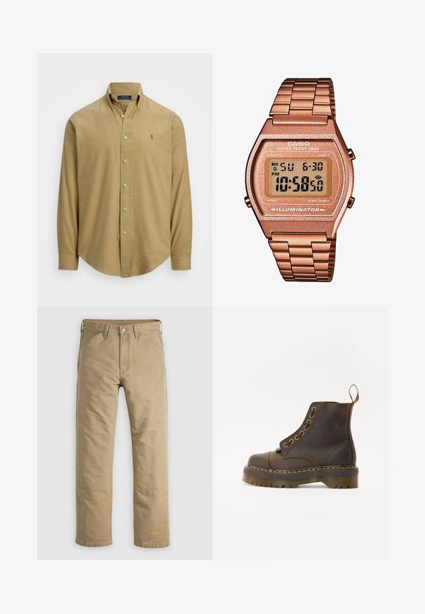 Camisa de botones de manga larga color marrón claro, con cuello, hecha de una tela texturizada. Presenta un pequeño logo en el pecho.; Pantalones de algodón color caqui con diseño de pierna recta, bolsillos delanteros y cierre de botón. Textura suave y costuras reforzadas para mayor durabilidad.; Botín de cuero marrón hasta el tobillo con punta redonda, costuras amarillas en contraste, ojales de metal decorativos y suela de goma estriada.; Reloj digital Casio con una correa de metal en color oro rosa, caja rectangular, pantalla iluminada y resistencia al agua, que muestra la hora y la fecha.